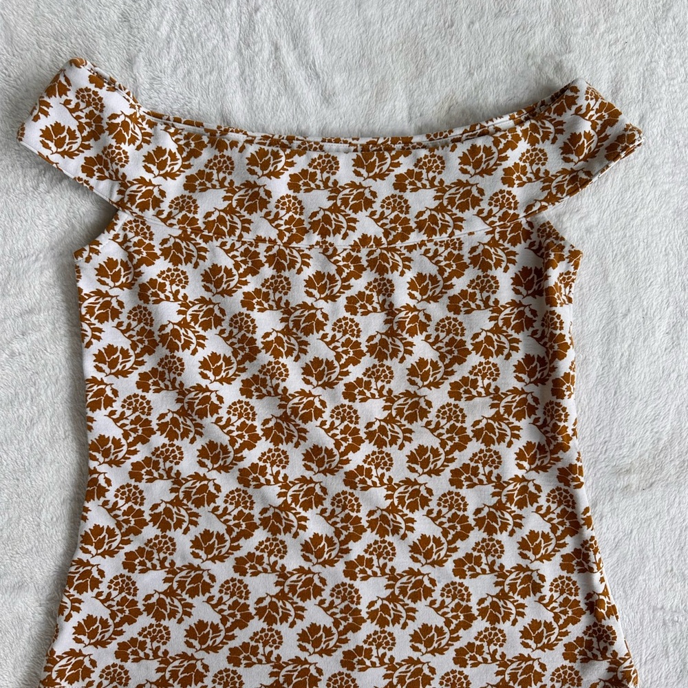 Ann Taylor Factory Off Shoulder Top XS Brown Floral Stretch Blouse Boho
